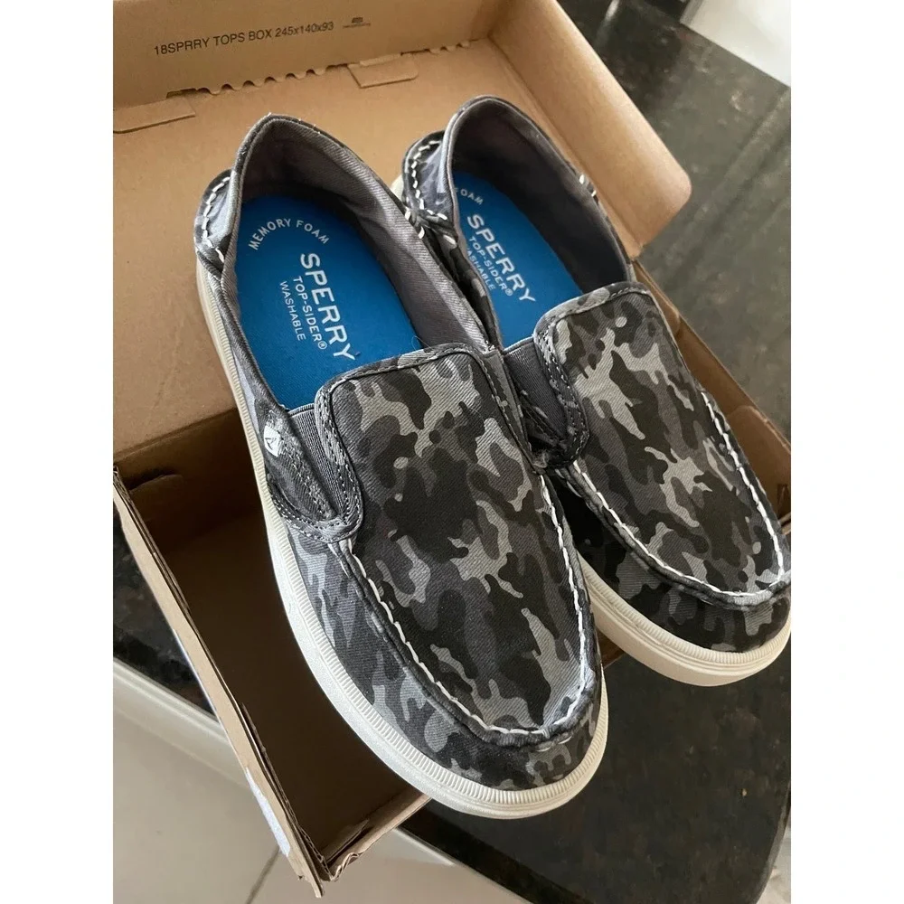 Sperry Salty Washable Boys Grey Camo Slip On Boat Shoes Sneakers 2M SCK265985